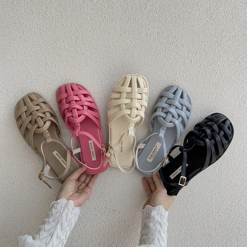 KIDMESTAR 2025 New Designer Slippers Women's Flat Slider Comfort Shoes, Casual Shoes Summer Sandals One-button Rhinestone Woven Niche Retro Beach