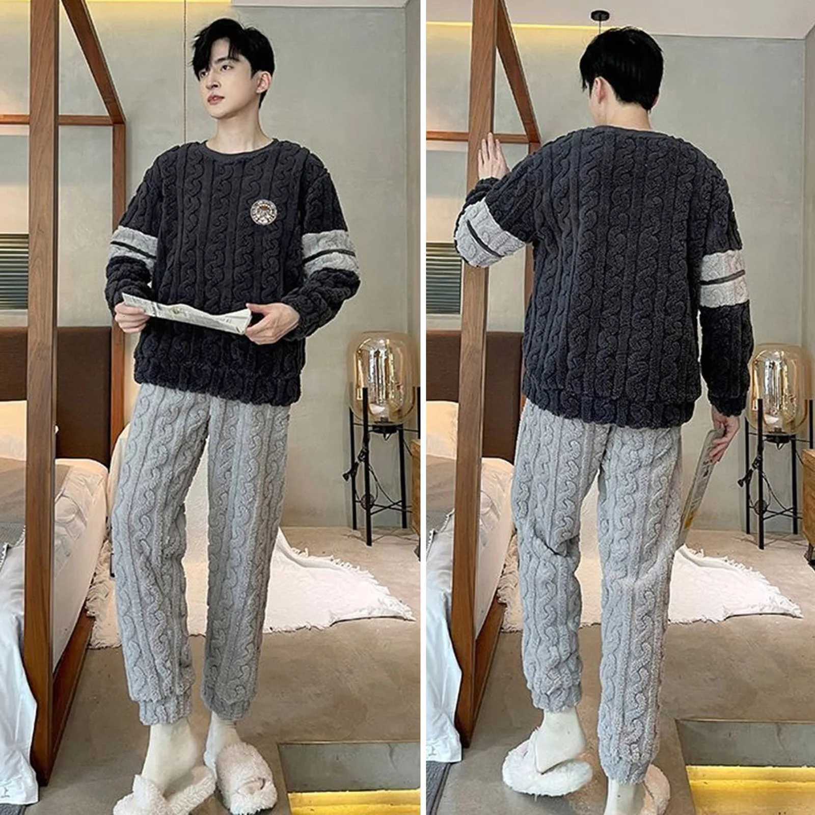 2 PcsSet Mens Winter Pajamas Set Twisted Texture Long Sleeve Sleepwear for Sleeping Elastic Waist Warm Soft Men Homewear Y251013