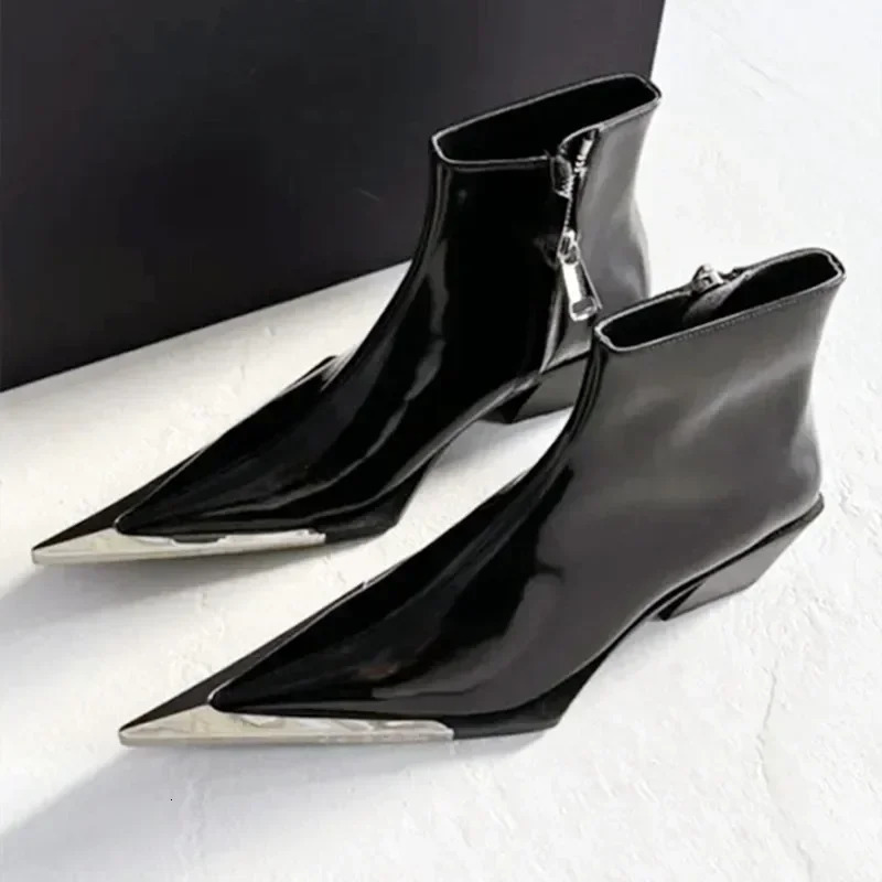 Pointed Toe Chelsea Boot 2025 Fall y Heel Metal Decoration High Heels Side Zip Black Ankle Boots 251014