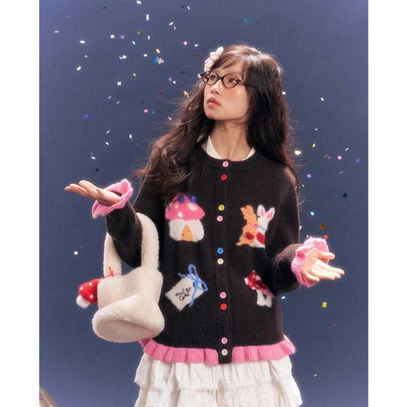 Harajuku Cartoon Knitted Cardigan Women Kaii Print Sweater Outerwears Vintage Korean Patchwork Knitwears Winter Design Jumpers W251014