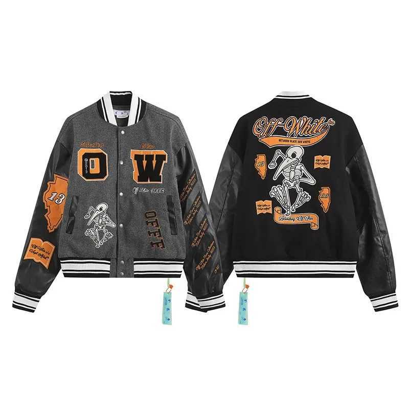 2023 Autumnwinter New Ow Skull Embroidery Woolen Jacket Cloth Patchwork Leather Sleeve Heavy Duty Embroidery Casual Style Fit J251103