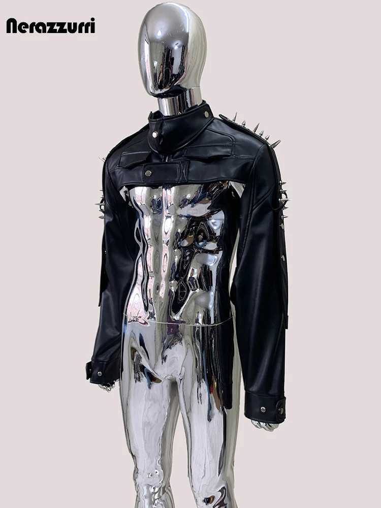 Mauroicardi Cool Black Cropped Pu Leather Jacket Men Rivet Shoulder Pads Zip Up Short Luxury Punk Style Clothes European Fashion J251014