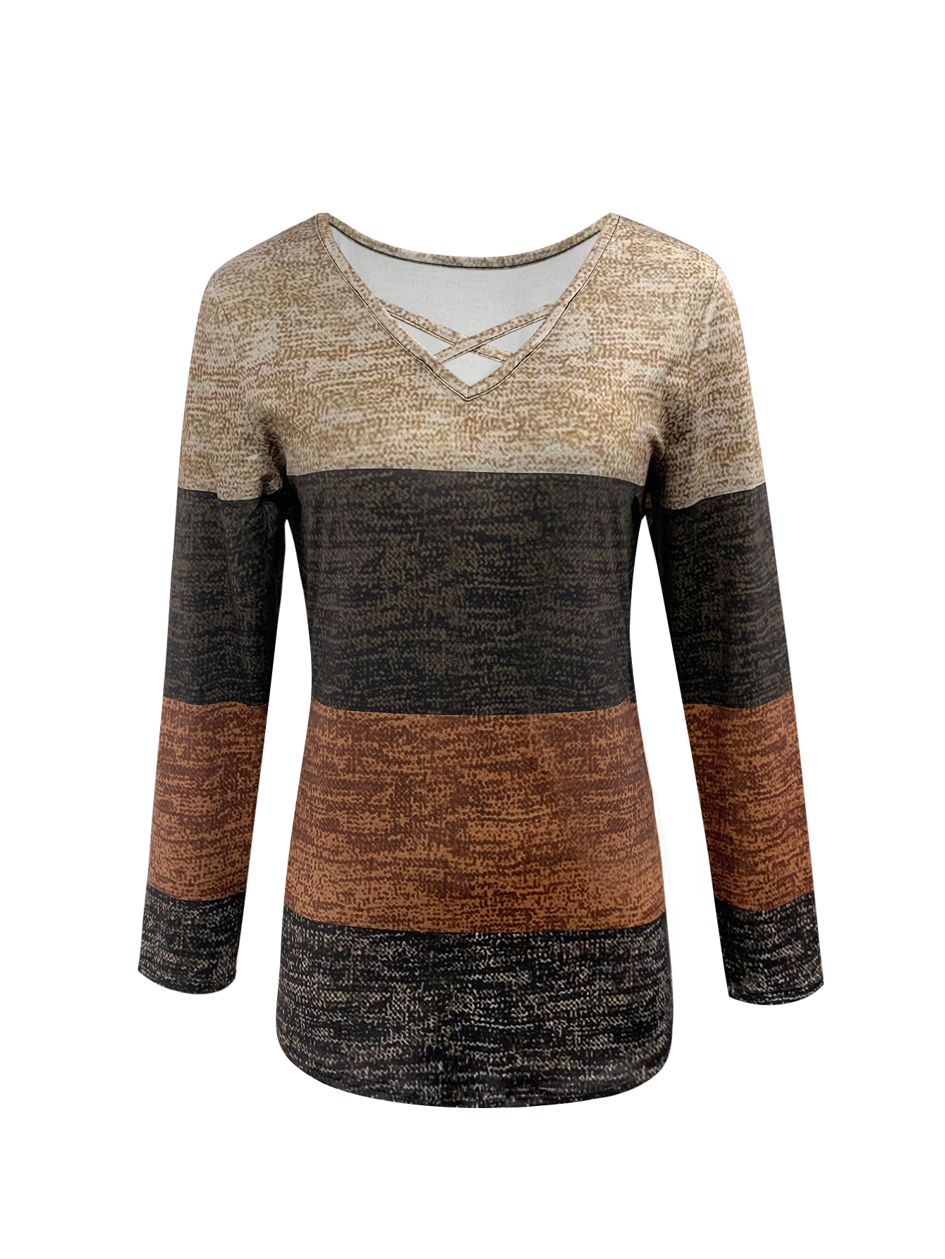 Women's Autumn New Crisscross Neck Color - Blocked Retro Elegant Long - Sleeve Top-CF41300