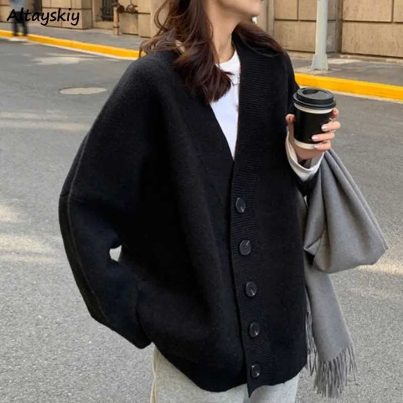 Minimalist Cardigans for Women Loose Bla Single Breasted Vne Knitted Soft Warm Autumn Winter Leisure Simple Ins W251014
