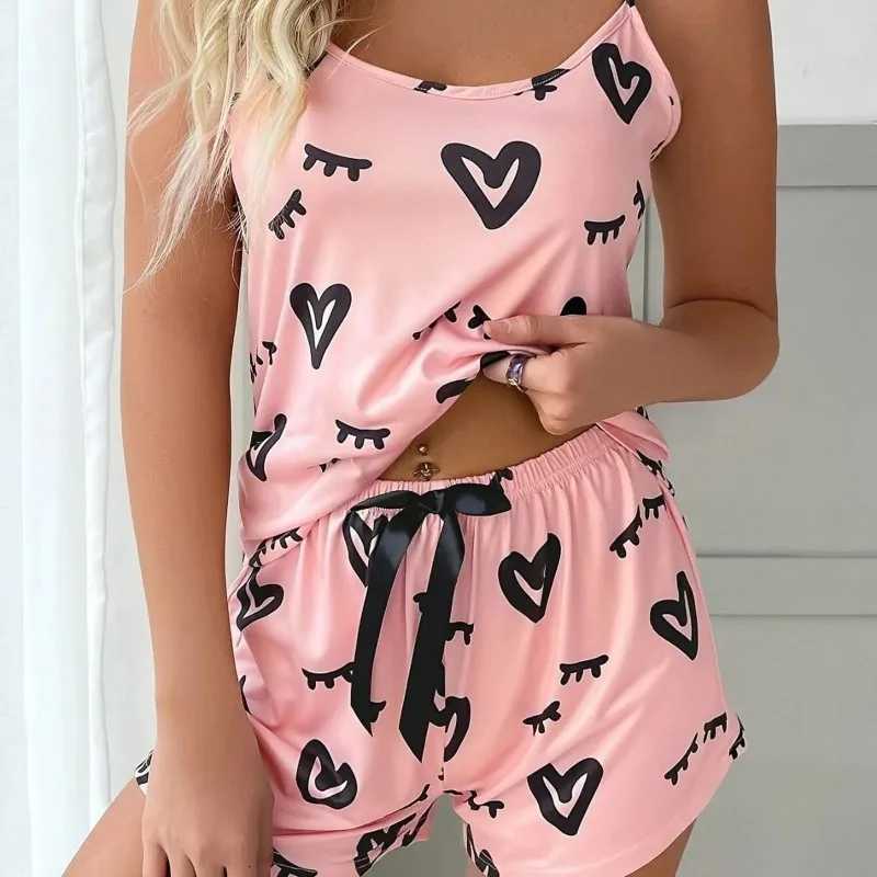 Pajama Set Women Sexy Lingerie 2 Pieces Sleepwear Fashion Heart Printed Pyjamas Silk Satin Cami Top and Shorts Sets PajamasT251014