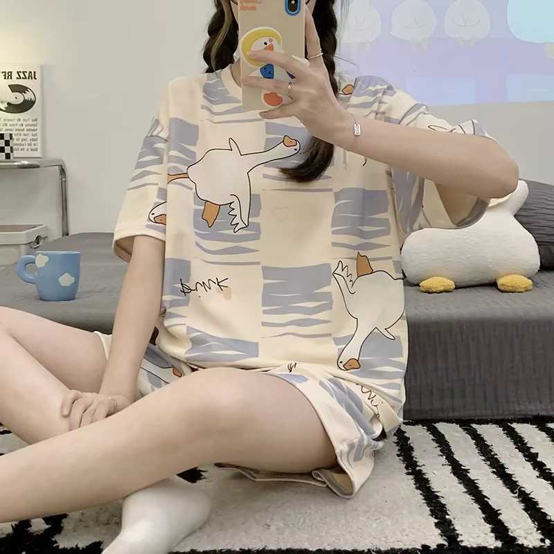 New Pajamas Female Summer ShortSleeved Shorts Suit Korean Version of the Student Sweet Cute Cartoon Ms Loose Homewear SuitT251014