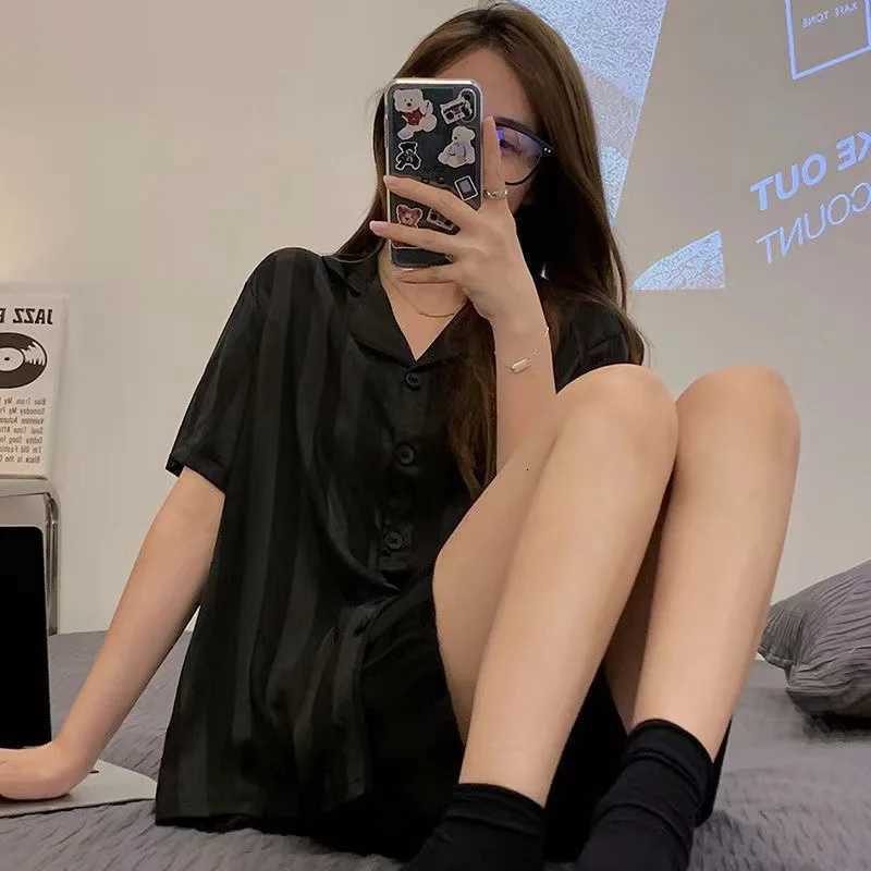 Ice Silk Pajamas Ladies Set of ShortSleeved Cardigan Lapel Home Wear Solid Striped Sexy Nightwear Women Sleepwear 2PCSSetT251014