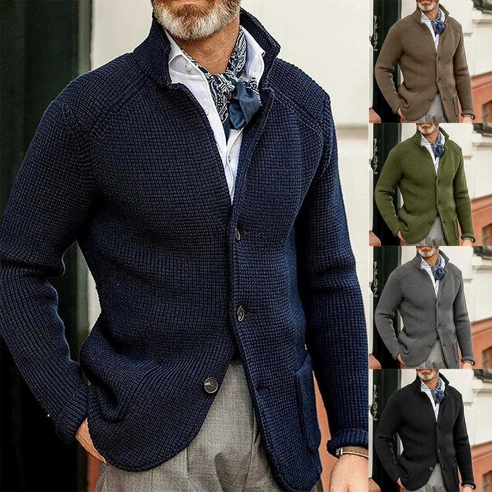 and fashionable mens sweater jacket slim fit suit stand up collar knitted sweater autumn and winter cardigan mens 251010