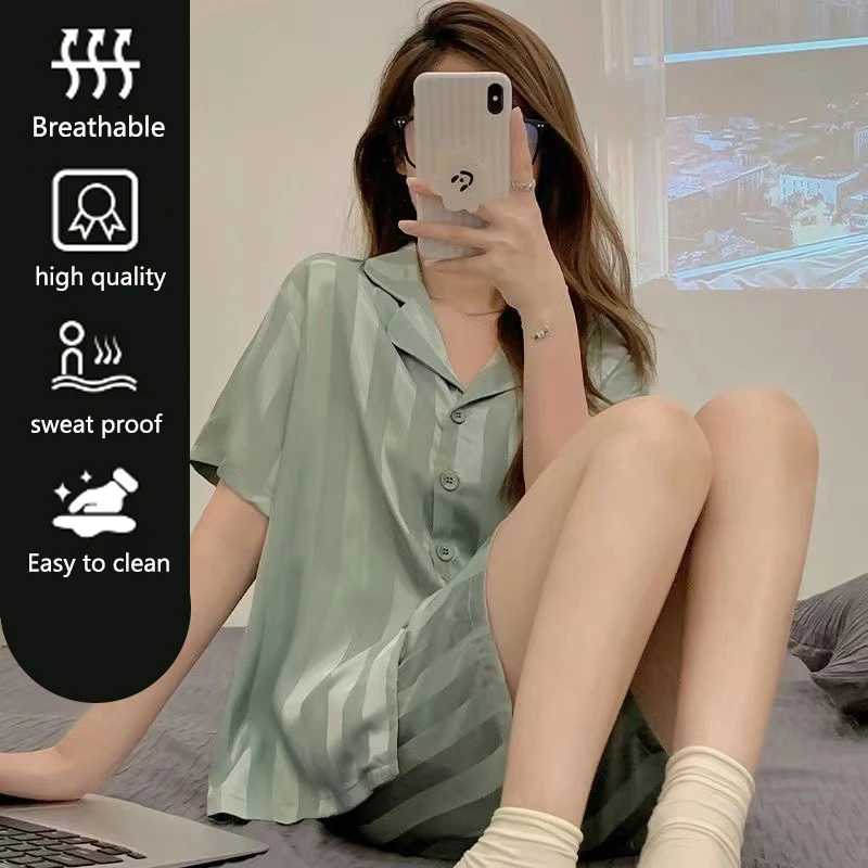Ice Silk Pajamas Ladies Set of ShortSleeved Cardigan Lapel Home Wear Solid Striped Sexy Nightwear Women Sleepwear 2PCSSetT251014