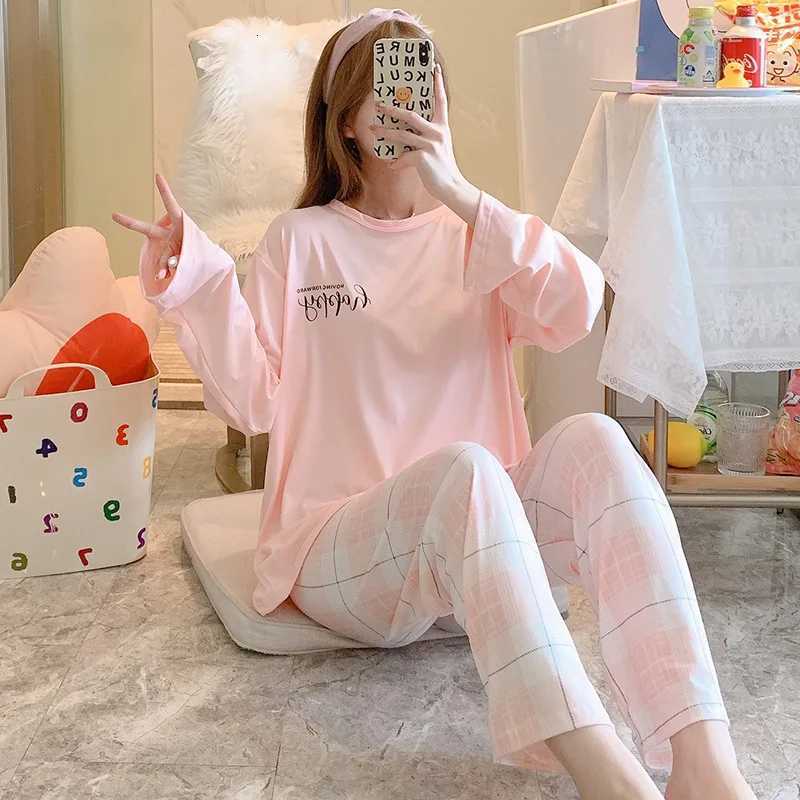 New Womens Pajamas TwoPiece Female Spring And Autumn Summer LongSleeved Trousers Suit Simple And Can Be Worn Outside HomewearT251014