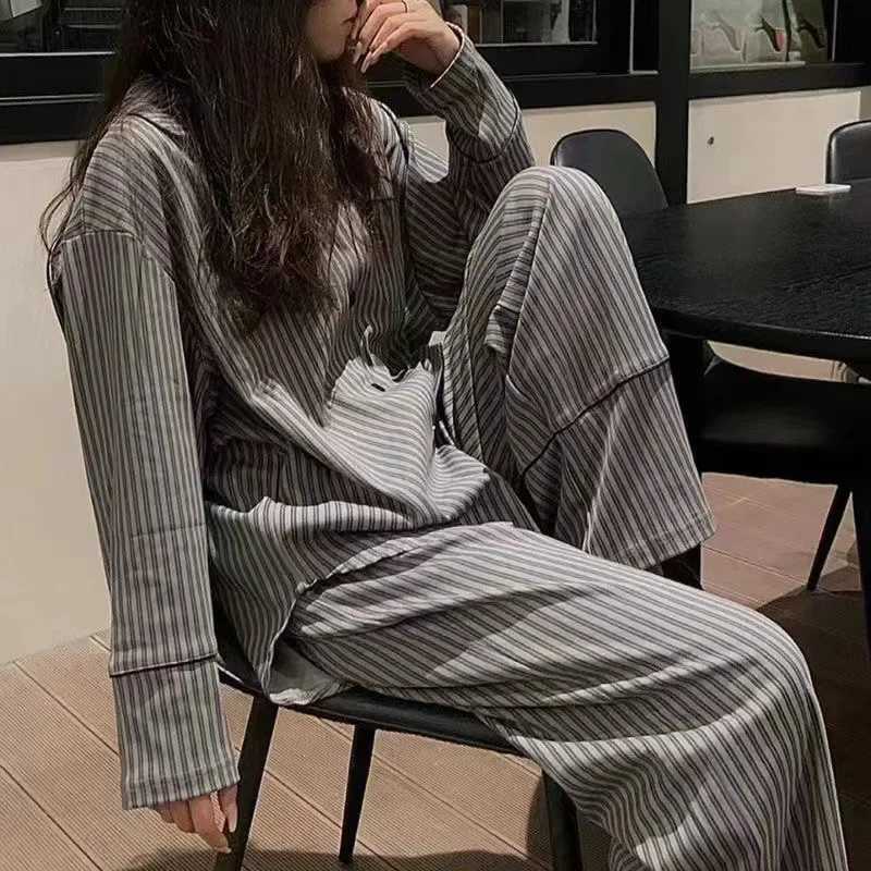 Pajamas for Women in Autumn and Winter Long Sleeved Striped Thin Design Can Be Worn Externally Student Sleepwear Two Piece SetT251014