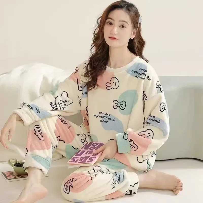 Thickened Warm Pyjamas Set for Womens Coral Velvet Sleepwear Student Long Sleeve Blue Striped Nightwear Homewear Cartoon Cute Y251013