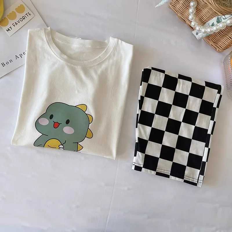 Pyjamas Set for Women Short Sleeves Long Trousers Student Pajamas TwoPiece Round Neck Pullover Plaid Trousers Easy to Clean LadT251014