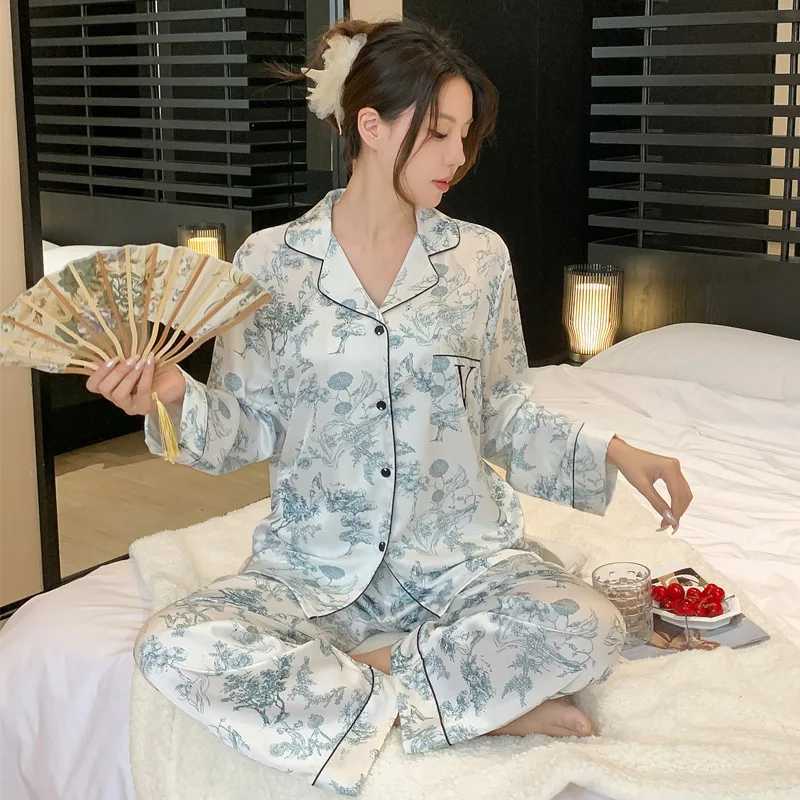 Womens New Arrival SilkFeel IceSilk Lightweight LongSleeve Pajama Set TwoPiece Comfortable Homewear SuitT251014