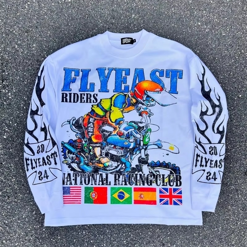 High Street Retro Fashion Fashion Long Sleeve Anime Motorcycle Printed Y2k Harajuku Leisure Sports Outdoor TShirt 251013