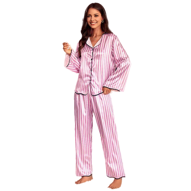 Spring/Fall Women's Silk Satin Striped Long-Sleeve Pajama Set with Pants for Homewear