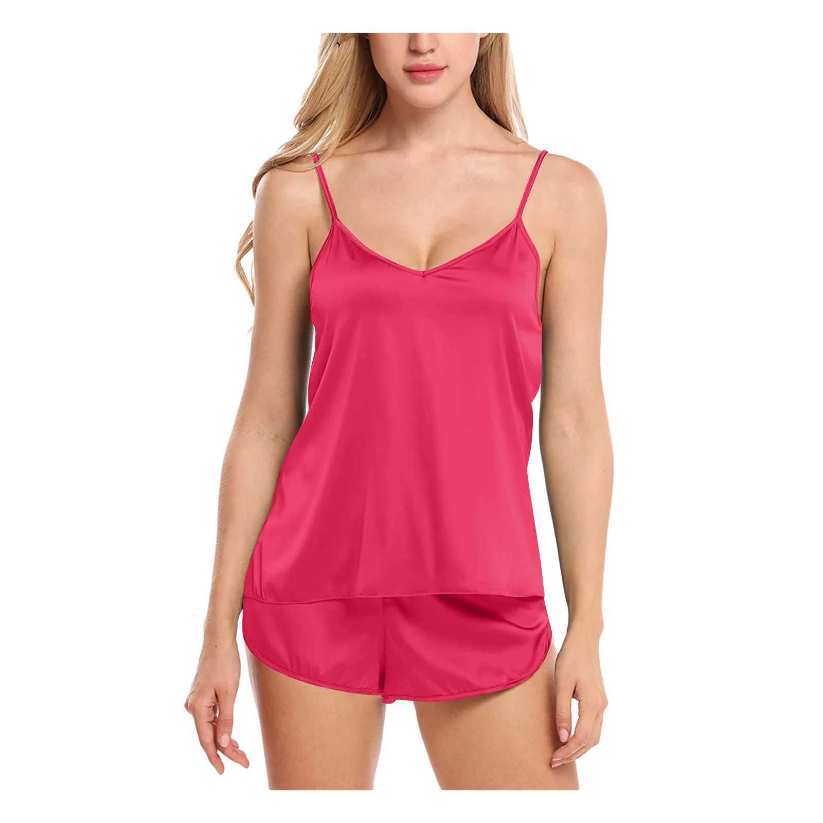 Womens Sexy Solid Color Lingerie Sleepwear Satin Silk Camisole Shorts Pajamas Set Summer Breathable Soft Lose VNeck Home WearT251014