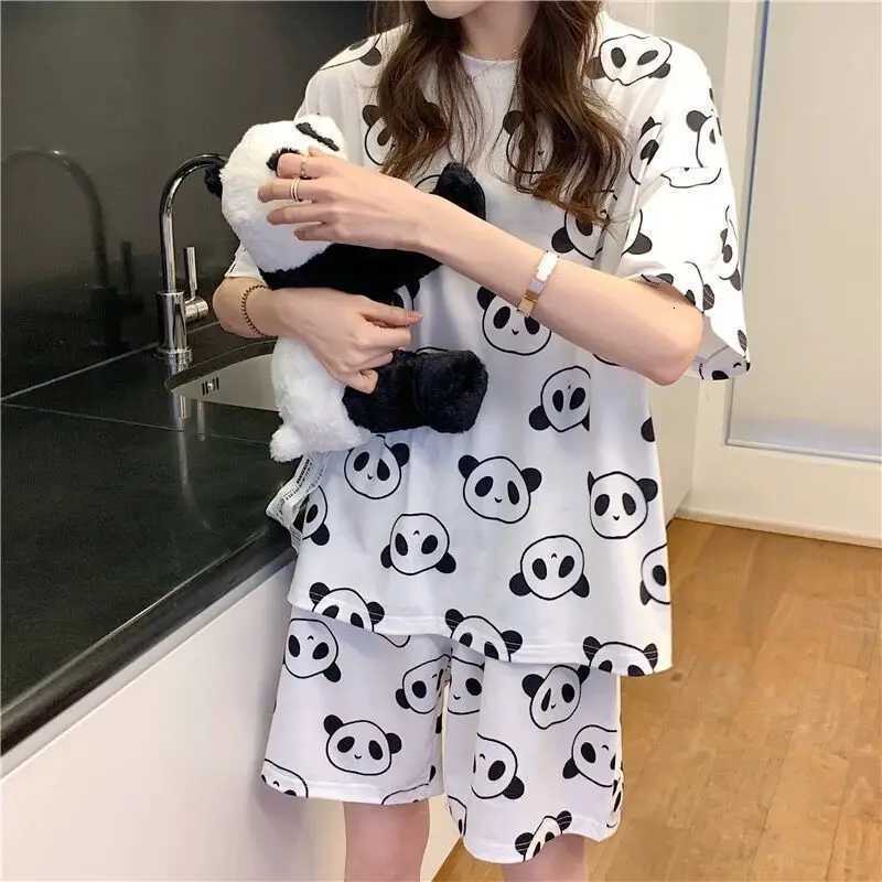 2025 Summer Womens Pajamas Set Panda Print Short Sleeve TShirtShorts 2 Pieces Suit Sleepwear Soft Casual Homewear Cute PijimaT251014