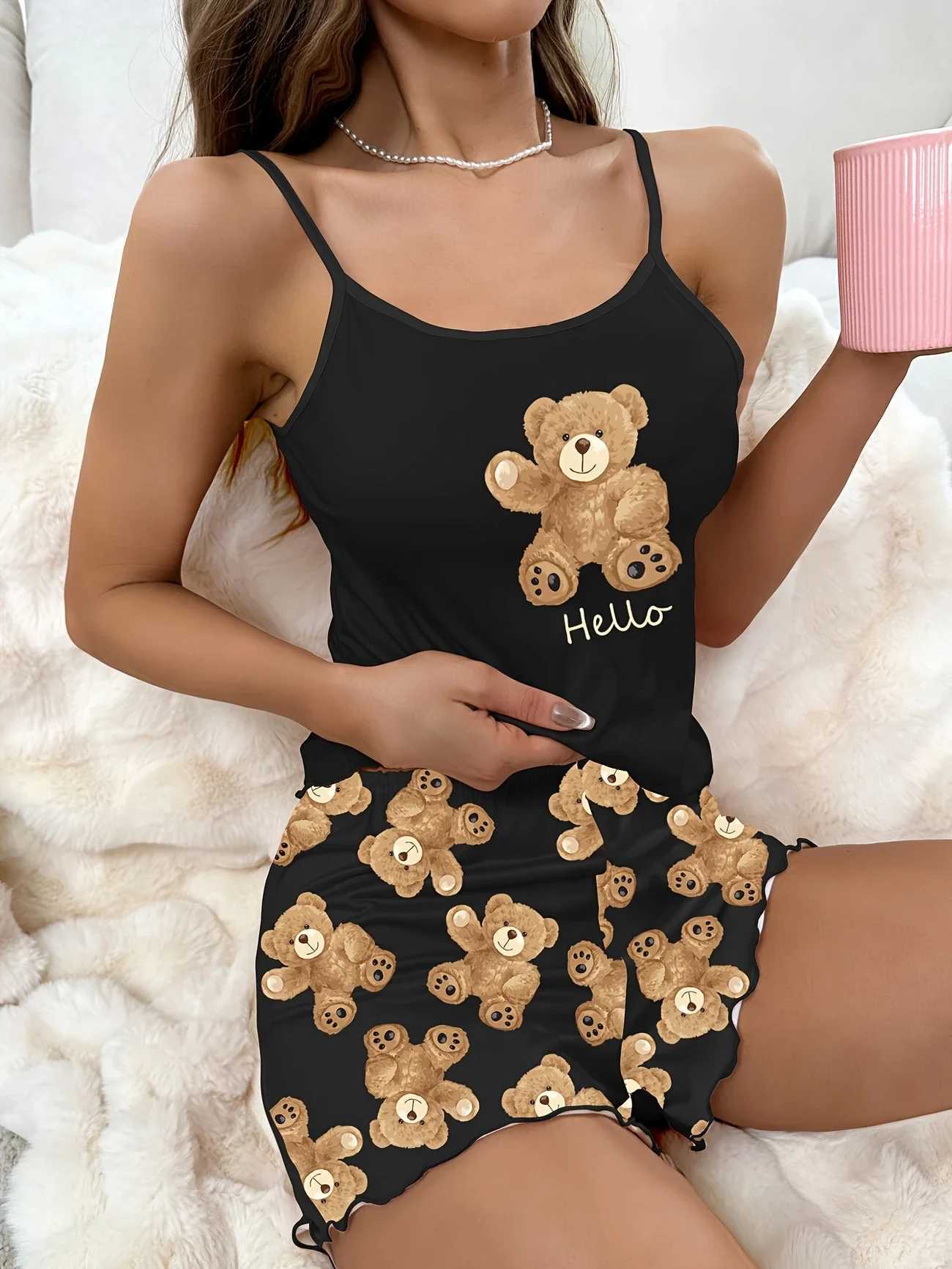 Summer Cute Black Bear Printed Sling Crop Tops and Shorts Pajamas Set for Womens Loungewear Sleepwear Home Wear ClothesT251014
