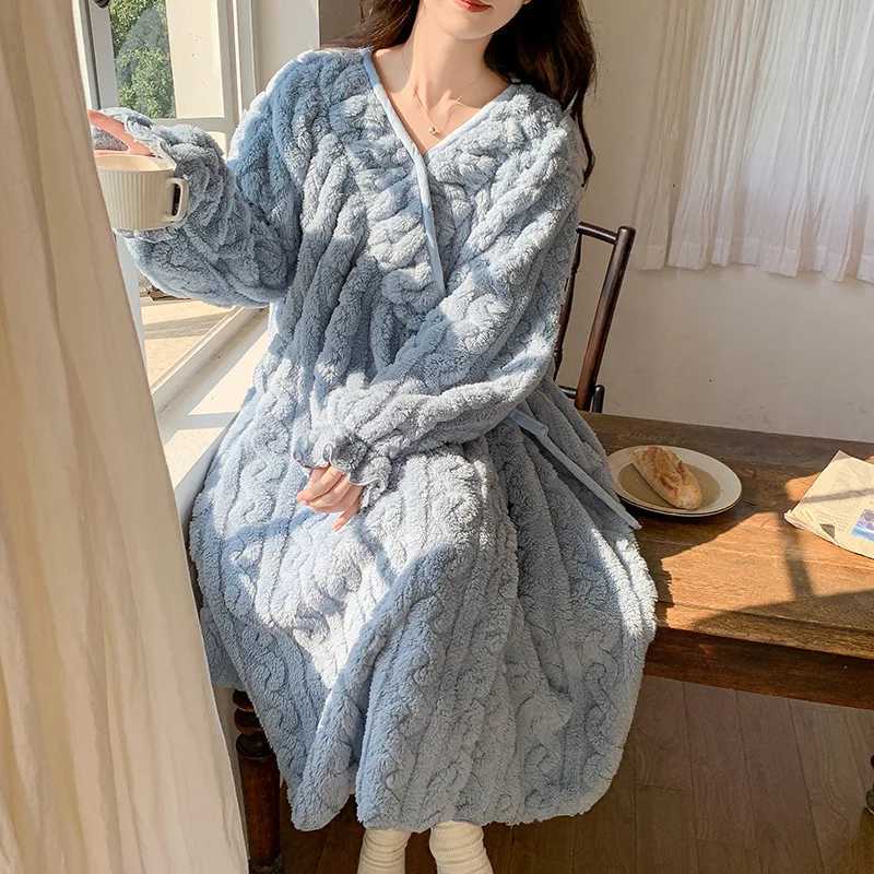 Women Autumn Winter Warm Flannel Nightgown Thickened Longsleeved Bathrobe Coral Velvet Vneck Laceup Pajamas Solid Loose Y251013