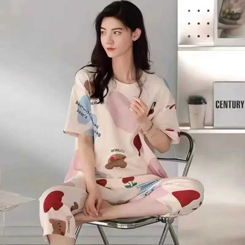 Pajamas Female Summer Thin Short Sleeves Loose Sweet Cute Cartoon Bear Student Homewear Plus Size TwoPiece Set Korean SleepwearT251014
