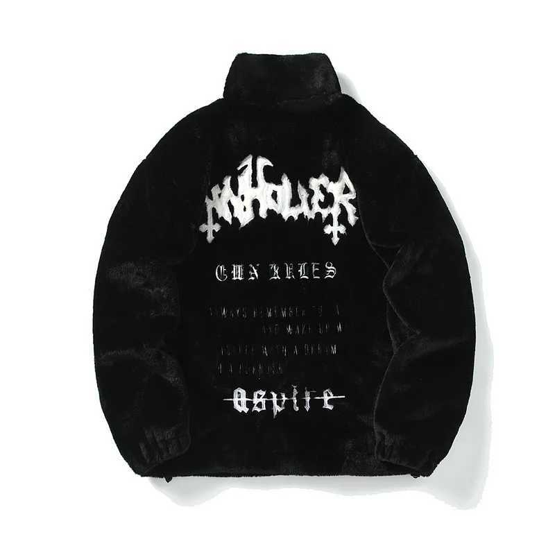 Men Rabbit Fur Jacket Coats Hip Hop Retro Letters Winter Fleece Jacket Streetwear Casual Harajuku Coat Zip Up Fashion Outerwear W251014