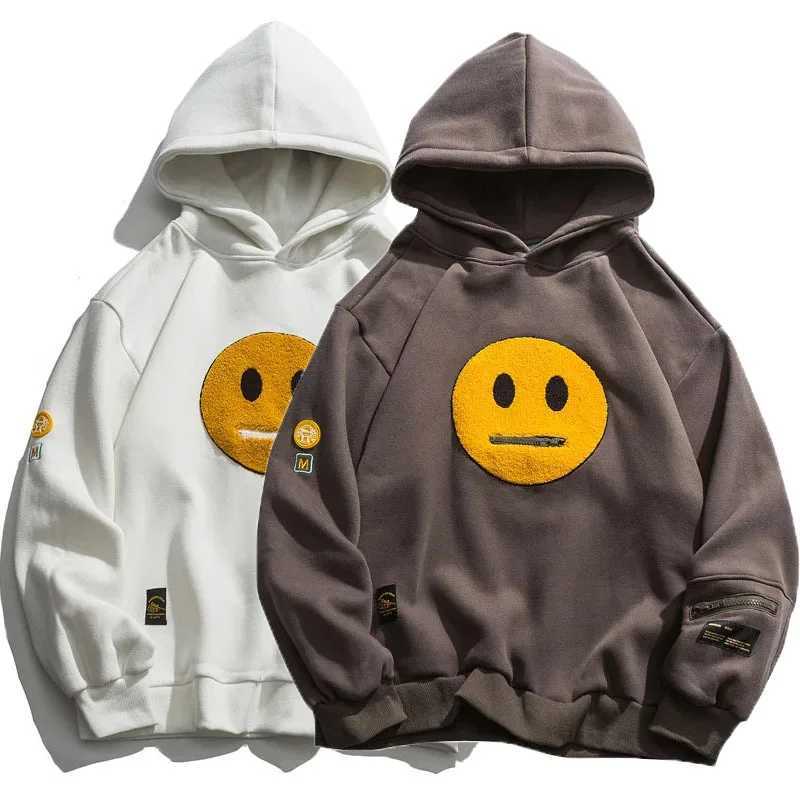 Spring Zipper Pocket Smile Face Patchwork Fleece Hoodies Sweatshirts Streetwear Mens Hip Hop Casual Pullover Hooded Male Tops J251203