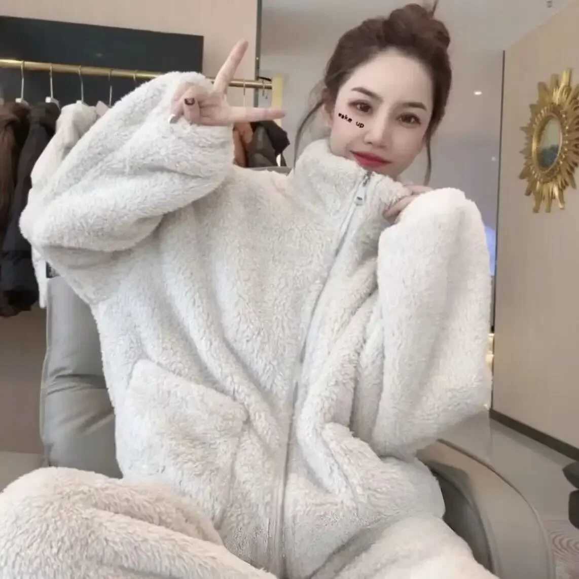 Winter Thickened Fleece Pajamas Womens Zipper Warm Home Clothes Coral Velvet Home Suit TwoPiece Set Cozy Sleepwear Set Y251013