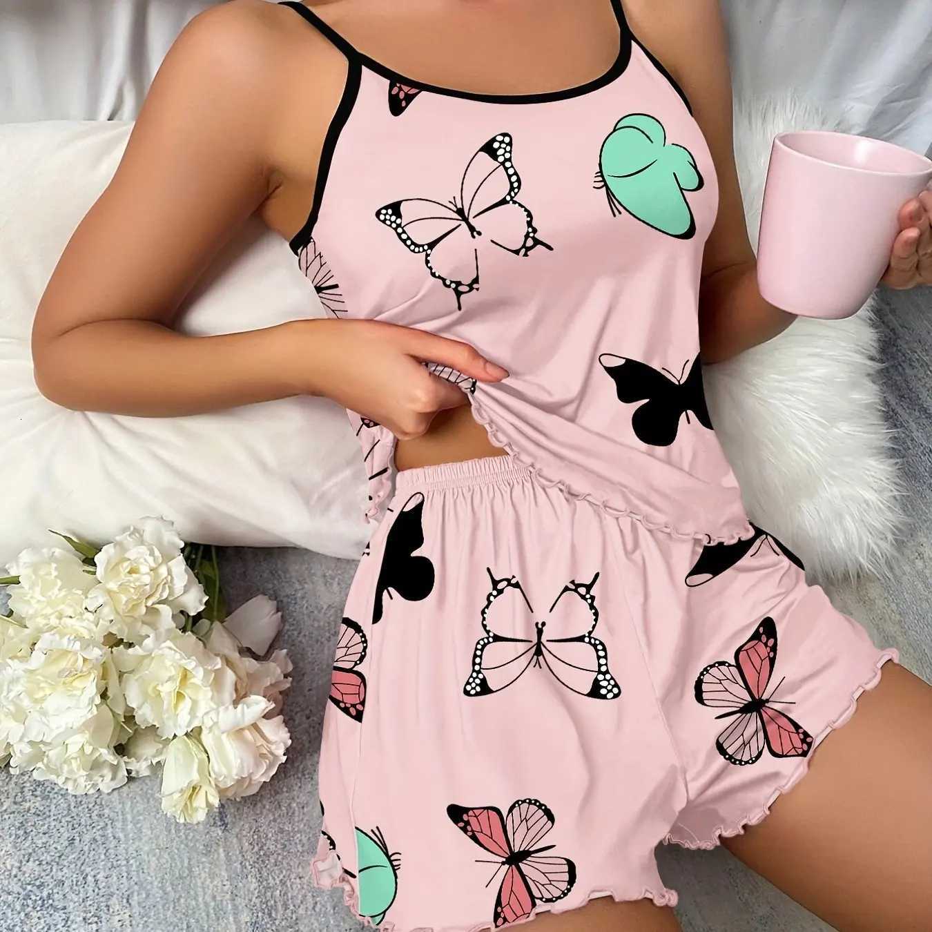 Summer Sleepwear Women Butterfly Print Pajamas Set Lettuce Trim Cami Top and Elastic Waistband Shorts Set LoungewearT251014