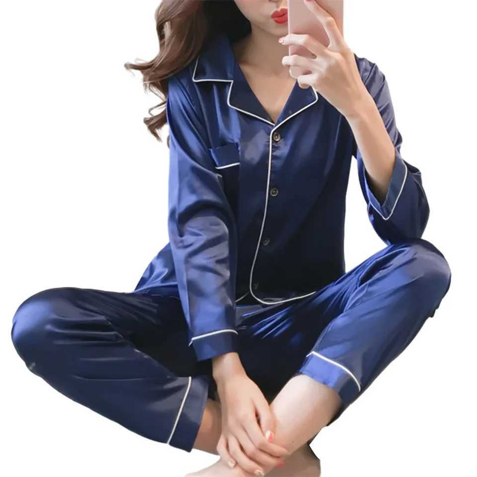 Women Satin Long Sleeve Pajama Set Lapel Top And Pants Solid Pajamas Loungewear 2024 New Arrival DropshippingT251014