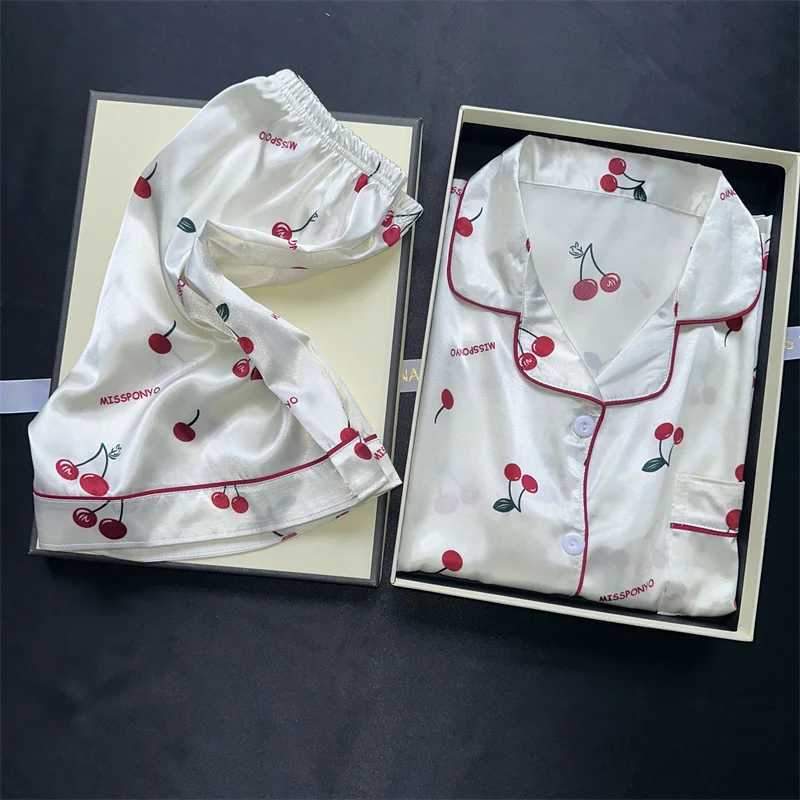 Cherry Print Pajamas Set for Women Summer Satin Two Piece Sleepwear Short Sleeve Shirt and Shorts Casual Fashion HomewearT251014