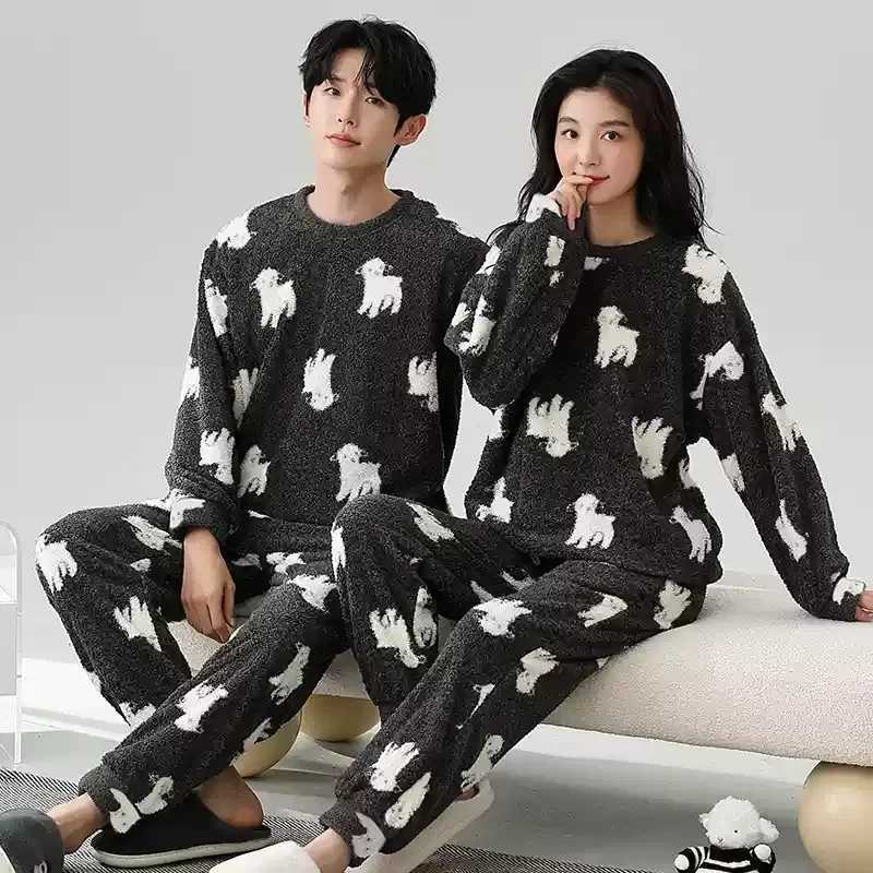 Coral Fleece Autumn and Winter Couple Pajamas Fleecelined Thickened Cartoon Sweet Flannel Winter Homewear Women Men NightwearT251014