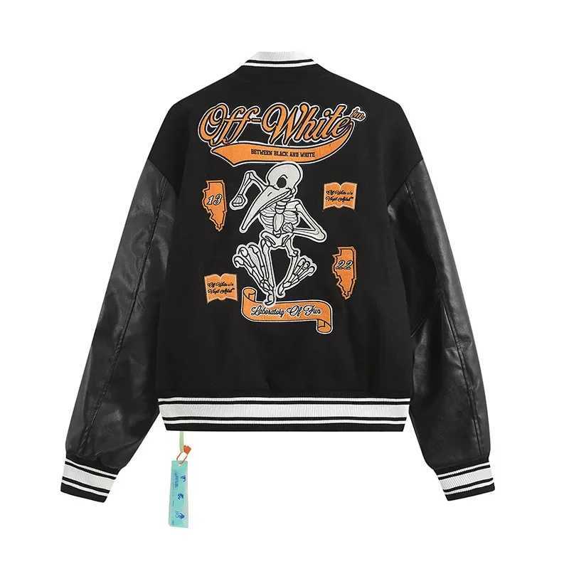 2023 Autumnwinter New Ow Skull Embroidery Woolen Jacket Cloth Patchwork Leather Sleeve Heavy Duty Embroidery Casual Style Fit J251103