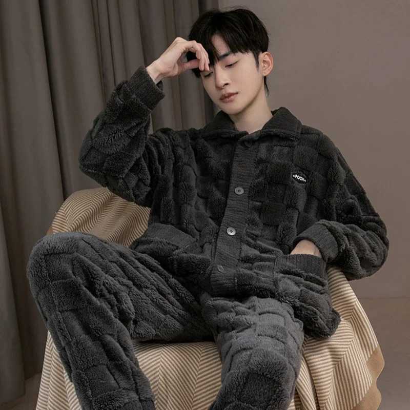 2Pcsset mens pajamas autumn and winter padded and thickened warm longsleeved trousers coral fleece homewear mens clothing Y251013