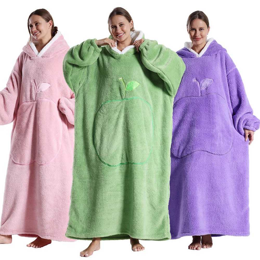 Plus Size Women Pajamas Flannel Home Clothing Pink Red Blue Men Blanket Hoodie for Adults Thicken Warm Extra Long Winter Clothes Y251013