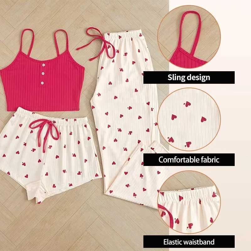 3 Pieces Pajamas Set Women Sleepwear Casual HeartShaped Printed Vest and Shorts and Pants Sets Homewear PijamasT251014