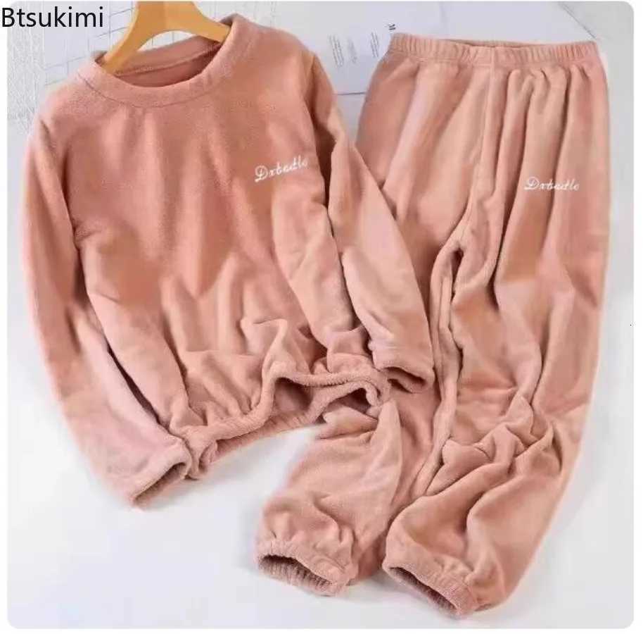 2025 Autumn Winter Couple Pajamas Sets Casual Warm Flannel Pajamas Loose Oneck TopsPants Men and Women Sleepwear Two Piece SetT251014
