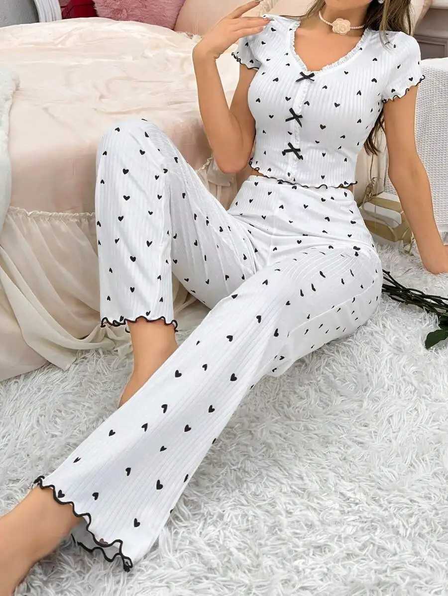 Heart Print Ribbed Frill Trim WomenS Pajama Set Knitted VNeck Loose Tops Autumn Elastic Long Pants Sleepwears VintagT251014
