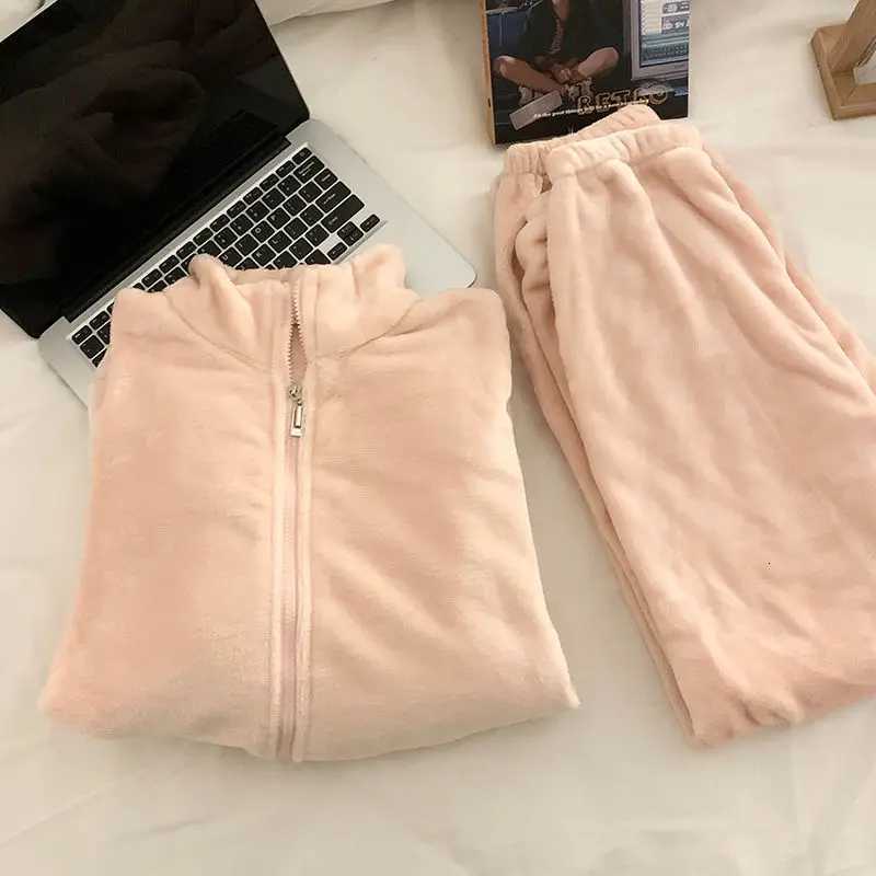 Fleece Sleepwear Women Zipper Pajama Sets Winter Piiama Warm Pants Sets 2 Pieces Solid Night Wears Long Sleeve Korean Home Suit Y251013