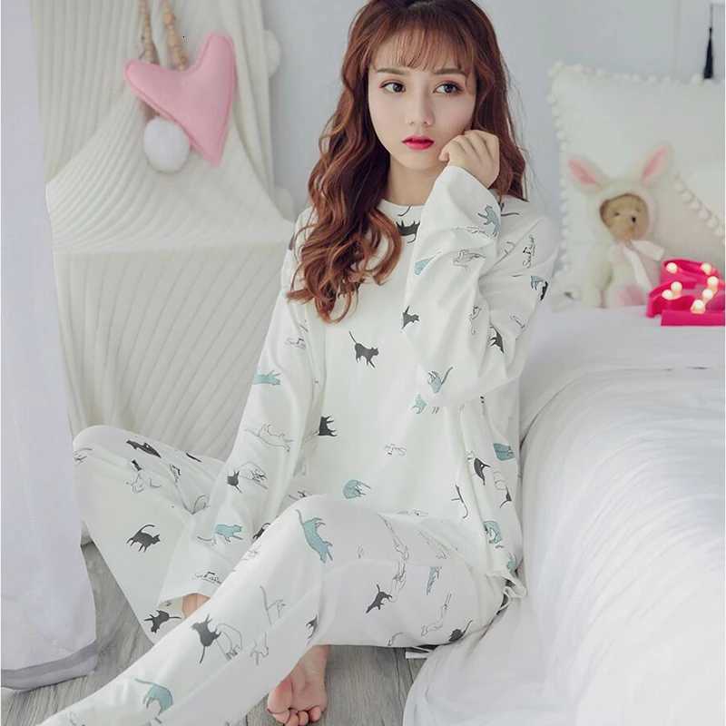 Cute SpringAutumn Big Size Womens Pajamas Set Sleepwear for Sleeping Long Sleeve Nightie Home ClothesT251014
