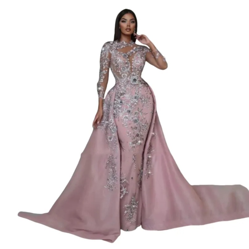 Silver Lace Beaded Mermaid Prom Dresses Appliques Formal Evening Party Gowns Full Sleeves Detchable Train Pink Special occasion Dress Vestidos de gala