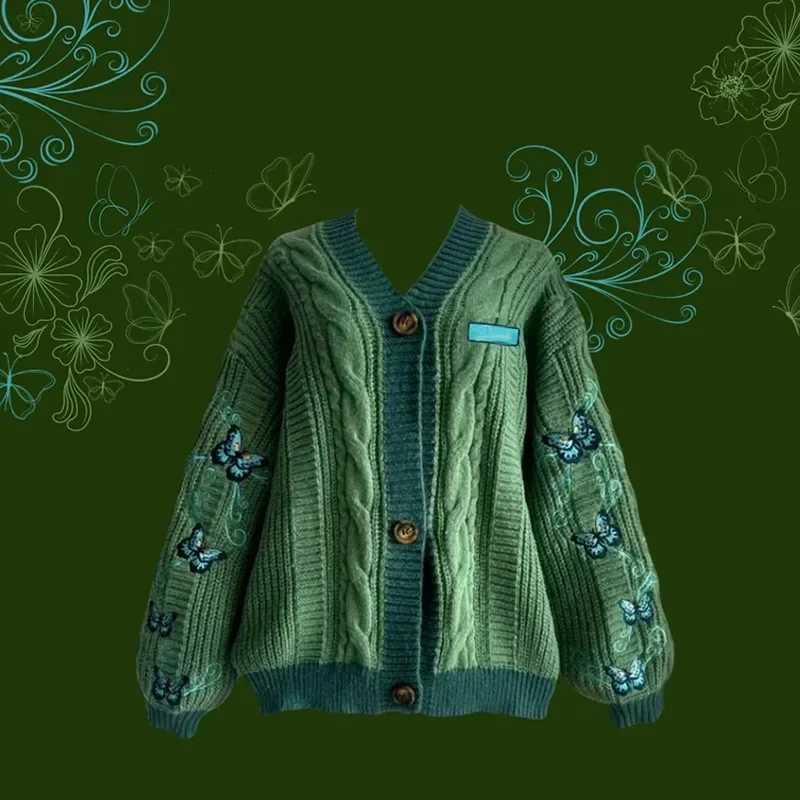 American Vintage Butterfly Embroidery Knitted Cardigan Autumn Winter Fashion Letter Patch Loose Casual temperament Women Sweater W251014
