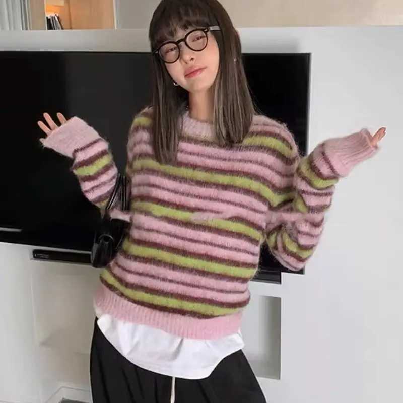 2023 Autumn Faux Fure Knitted Cardigan Women Casual Long Sve Button Kaii Cloing Striped Sweater Female Korean Style Tops W251014