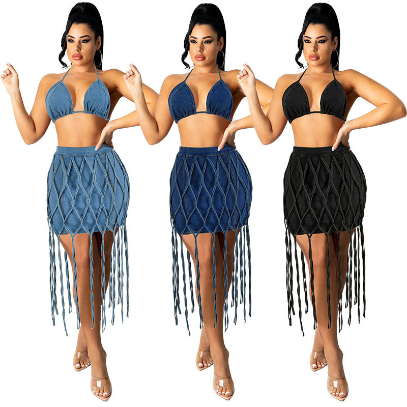 DenimColab Summer Woven Mesh Denim Skirt Women Fashion Sexy Hollow Out Beach Skirts Ladies Solid Nightclub Short 210702