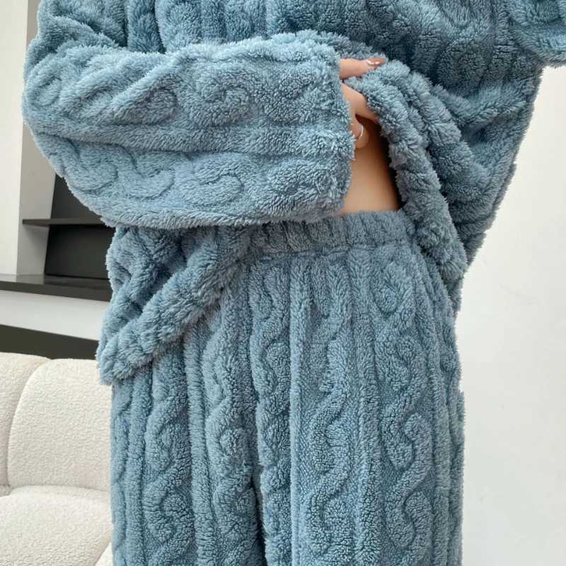 Thickened Pajama Pants Set Piece Set Womens Warm Coral Velvet Half Zip Long Sleeve Sleepwear Elastic Striped Jacquard Homewear Y251013