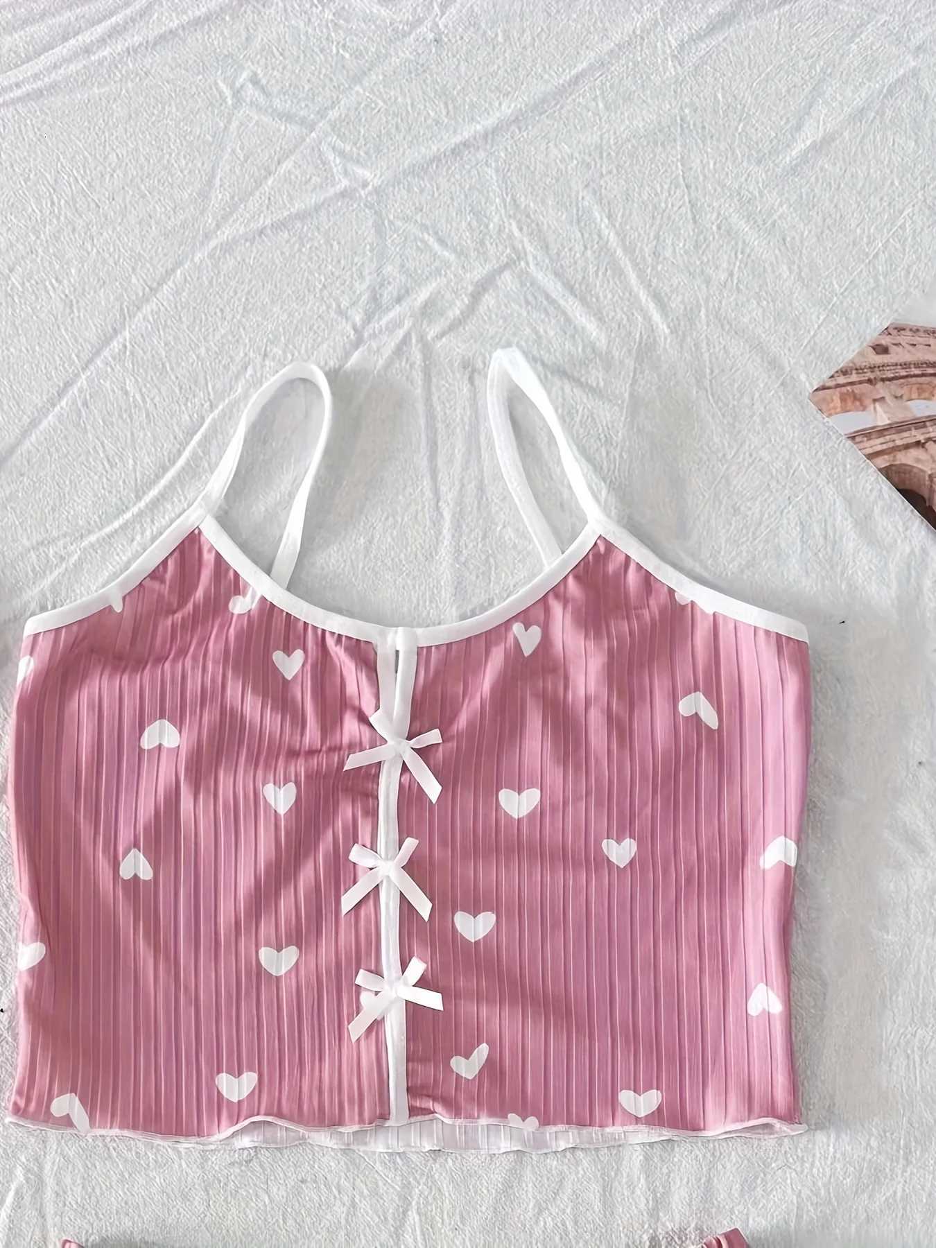 Summer Heart Print Sexy Ribbed Bow Decor Pajama Set for Womens Sleepwear Comfortable Crop Cami Top Shorts LoungerwearT251014