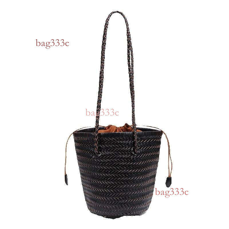 New French Handmade Genuine Leather Woven Single Shoulder Niche Basket Bag Bucket Shape Cowhide Woven Bag