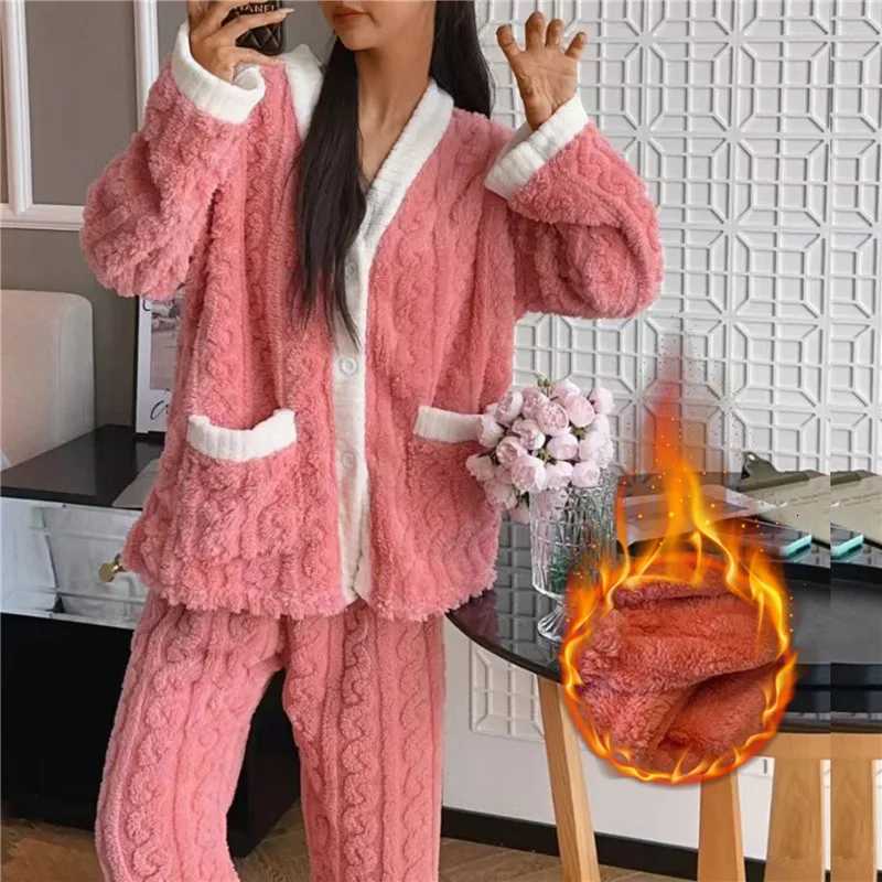 2pcsSet Womens Winter Pajamas Padded Thickened Warm Pocket Models Plus Size Loose Korean Coral Fleece School pajamas Homewear Y251013