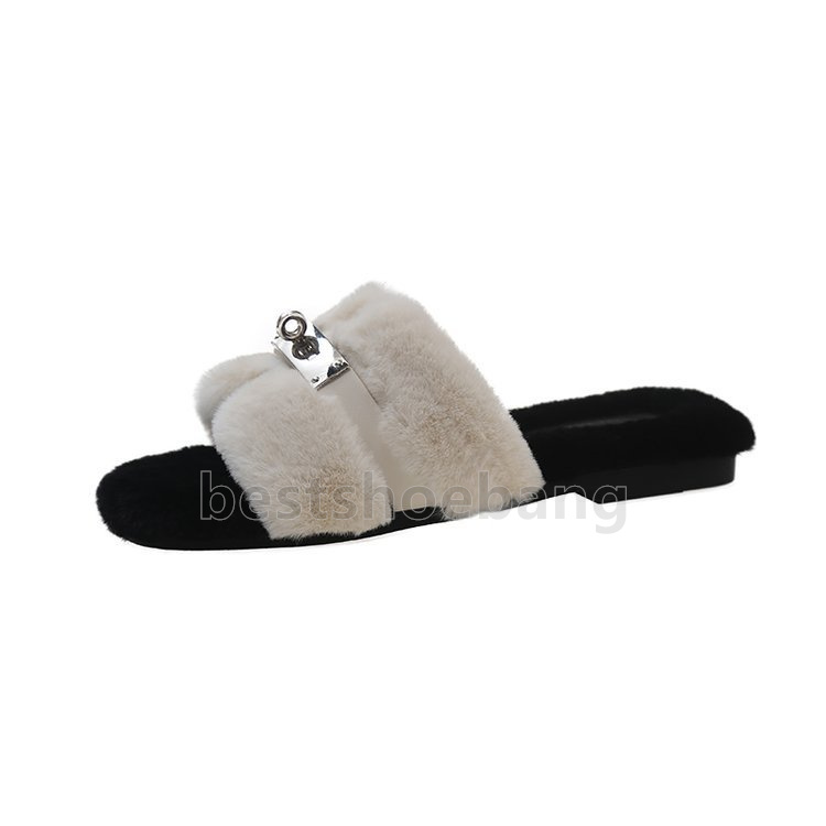 Stylish Plush sandals comfortable Fuzzy Lining slides black white khaki pink Elegant Outdoor Indoor Winter womens slippers Size 35-40
