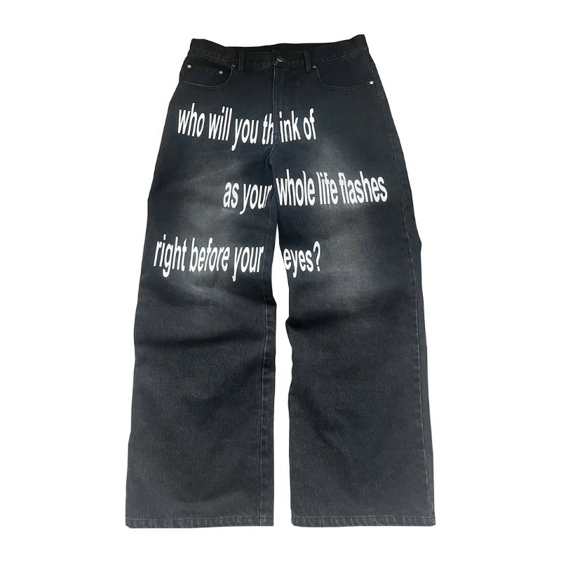 Men's Jeans Streetwear Y2K Baggy Retro Luxurious Double-waist Washable Design Letter Print British Style Graphic Blue Wide Leg Denim Pants Gothic